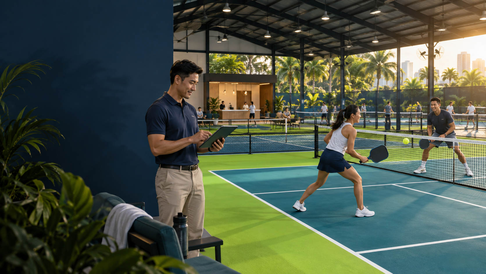 A pickleball facility owner monitoring active courts on a tablet